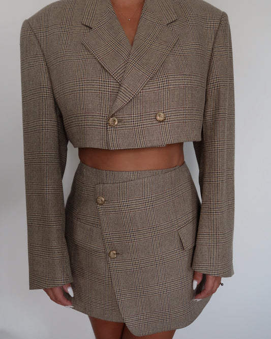 BROWN CHECK WOOL&SILK SET - S